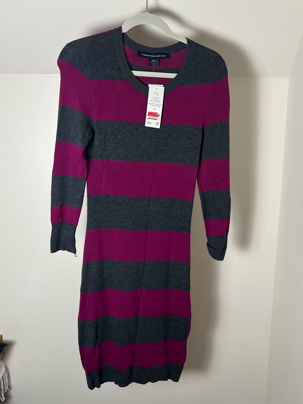 French Connection Gray and Magenta Striped Long-Sleeve Knit Dress